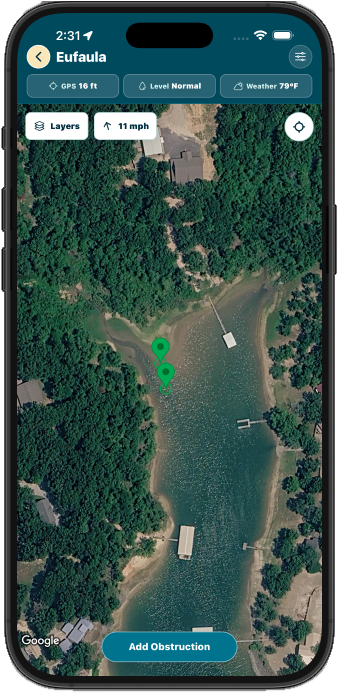 Buoy Pilot app showing the Eufaula lake obstruction map